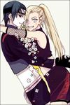  1girl black_hair blonde_hair couple earrings flower grin hetero jewelry long_hair midriff naruto naruto_(series) naruto_shippuuden ponytail ryuushi sai_(naruto) short_hair smile yamanaka_ino 