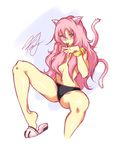  animal_ears barefoot black_panties blazblue blush bracelet breasts candy cat_ears cat_tail cropped_legs feet food francesco_simioni glasses hair_censor hair_down highres jewelry kokonoe lollipop long_hair messy_hair multiple_tails panties pince-nez pink_hair shoe_dangle slippers small_breasts solo spread_legs tail topless underwear underwear_only yellow_eyes 