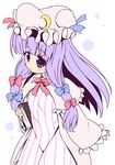  book capelet coat crescent dress hair_ribbon hat long_hair long_sleeves mob_cap open_clothes open_coat patchouli_knowledge pila-pela purple_dress purple_eyes ribbon solo striped striped_dress touhou tress_ribbon very_long_hair white_dress wide_sleeves 