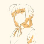  ahoge artoria_pendragon_(all) bangs blank_stare collared_shirt commentary fate/stay_night fate_(series) hair_ribbon monochrome neck_ribbon ribbon saber shirt sidelocks solo translated tsukumo upper_body 