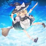  ;d apron blonde_hair braid broom cloud flying full_body full_moon hand_on_headwear hat juliet_sleeves kirisame_marisa loafers long_hair long_sleeves looking_at_viewer maki_(seventh_heaven_maxion) moon one_eye_closed open_mouth puffy_sleeves shoes single_braid sky smile socks solo touhou white_legwear witch_hat yellow_eyes 