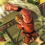 barefoot blonde_hair blue_eyes brolo clenched_hands dougi highres male_focus muscle ryou_sakazaki ryuuko_no_ken solo the_king_of_fighters uppercut 