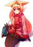  absurdres animal_ears bad_id bad_pixiv_id bag blonde_hair can fox_ears fox_tail gloves hairband highres looking_at_viewer original pantyhose red_eyes scarf short_hair simple_background sitting skirt smile solo sukemyon tail v white_background 