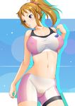  bike_shorts blue_eyes breasts brown_hair covered_nipples dragon@harry gundam gundam_build_fighters gundam_build_fighters_try highres hoshino_fumina large_breasts midriff navel nipples ponytail pubic_hair scrunchie see-through solo sports_bra taut_clothes 