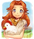  artist_name bird blue_eyes blush brown_hair chicken cucco long_hair looking_at_viewer malon outdoors pointy_ears protected_link short_sleeves sketch smile the_legend_of_zelda the_legend_of_zelda:_ocarina_of_time twitter_username upper_body you_(youyuyuyu) 