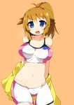  bike_shorts blue_eyes breasts brown_hair gundam gundam_build_fighters gundam_build_fighters_try highres hoshino_fumina jacket large_breasts looking_at_viewer midriff navel open_mouth orange_background shirogane_(platinum) solo sports_bra 