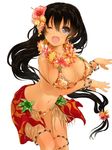  bad_id bad_pixiv_id beads bikini black_eyes black_hair blush breasts cleavage dancer dancing floral_print flower hair_flower hair_ornament hibiscus highres hisho_collection hula large_breasts lei long_hair looking_at_viewer navel one_eye_closed open_mouth simple_background smile solo swimsuit white_background yukinoko_(mizubachi) 