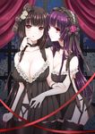  black_hair black_legwear breasts chemise choker cleavage collarbone cowboy_shot garter_straps hairband itsumoto_hiroharu large_breasts lolita_hairband long_hair looking_at_viewer multiple_girls night original purple_hair thighhighs very_long_hair window yellow_eyes 