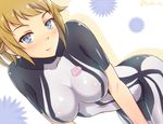  blue_eyes blush bodysuit breasts brown_hair dutch_angle gundam gundam_build_fighters gundam_build_fighters_try hoshino_fumina kanden_suki light_smile looking_at_viewer medium_breasts short_hair skin_tight solo 