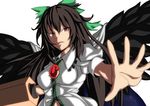  arm_cannon bad_id bad_pixiv_id black_hair bow cape hair_bow long_hair outstretched_arm red_eyes reiuji_utsuho serious solo star_(sky) tell third_eye touhou weapon wings 