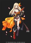  blonde_hair boots breasts earrings fingerless_gloves full_body gloves gyakushuu_no_fantasica jewelry large_breasts long_hair looking_at_viewer mami_(apsaras) mismatched_legwear official_art open_mouth orange_eyes simple_background solo thighhighs 
