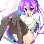  1girl absurdres animal_ears black_legwear blush breast_squeeze breasts bunny_ears bunny_tail extra_ears fang gradient_eyes gradient_hair highres large_breasts lavender_hair long_hair miton_(turuyasann) multicolored multicolored_eyes multicolored_hair open_mouth purple_eyes red_eyes reisen_udongein_inaba simple_background skirt solo tail tears touhou white_background 