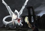  1boy capcom fatalis_(armor) horn kiyonao monster monster_hunter sword tagme tail weapon white_fatalis wings 