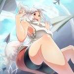  aircraft airplane animal_ears bare_shoulders breasts inubashiri_momiji large_breasts open_mouth paper paper_airplane pom_pom_(clothes) red_eyes sarashi short_hair silver_hair solo tail tochinoko touhou wolf_ears wolf_tail 