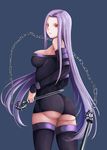  1girl artist_request ass bare_shoulders black_legwear breasts chains dagger fate/stay_night fate_(series) from_behind highres huge_ass large_breasts long_hair looking_at_viewer looking_back looking_down mirufi-yu purple_eyes purple_hair rider sideboob solo thighhighs type-moon very_long_hair weapon 