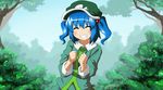  anime_coloring blue_hair clenched_hands closed_eyes grin hair_bobbles hair_ornament hat kawashiro_nitori ryuu_(multitask) short_hair smile solo touhou two_side_up 