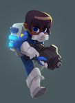  absurdres blue_eyes boots dark_skin full_body gloves gun highres justin_chan looking_at_viewer nuclear_throne official_art police police_uniform respirator rogue_(nuclear_throne) rogue_rifle short_hair simple_background solo uniform weapon white_gloves 
