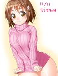 blush breasts brown_eyes brown_hair clothes_tug covering covering_crotch dated flower hair_flower hair_ornament idolmaster idolmaster_cinderella_girls large_breasts mimura_kanako naked_sweater onsoku_maru ribbed_sweater short_hair solo sweater sweater_tug translated turtleneck 