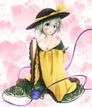  alternate_hair_length alternate_hairstyle bad_id bad_pixiv_id bare_shoulders black_hat blue_eyes clothes_down floral_print green_skirt hat hat_ribbon komeiji_koishi looking_at_viewer open_mouth ribbon rok_(guitar0706) shirt short_hair sitting skirt solo touhou undressing wariza wide_sleeves yellow_shirt 