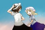  blonde_hair bow brown_hair closed_eyes dress hat kanitama_(putyourhead) long_hair maribel_hearn multiple_girls neo-traditionalism_of_japan open_mouth purple_eyes short_hair skirt sky smile touhou usami_renko 