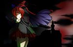  beluo77 bow cape castle disembodied_head hair_bow long_sleeves miniskirt night open_mouth red_eyes red_hair sekibanki short_hair skirt solo touhou wind 