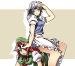  all_fours bad_id bad_pixiv_id blue_eyes braid chinese_clothes hat hong_meiling izayoi_sakuya knife long_hair maid maid_headdress multiple_girls red_eyes red_hair ribbon short_hair silver_hair sitting sitting_on_person tell touhou twin_braids 