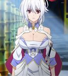  1girl bare_shoulders breasts cleavage cleavage_cutout dress eleonora_viltaria large_breasts madan_no_ou_to_vanadis red_eyes solo sword weapon white_hair 