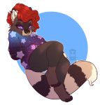  anthro clothed clothing facial_piercing female hair mammal nose_piercing piercing procyonid raccoon red_hair seamen septum_piercing simple_background solo thick_thighs torn_clothing 