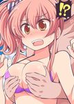  1boy 1girl bad_id bad_pixiv_id bikini_top blush breast_grab breasts celebi_ryousangata grabbing hetero idolmaster idolmaster_cinderella_girls jougasaki_mika open_mouth orange_eyes pink_hair producer_(idolmaster) short_hair twintails 