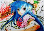  ballpoint_pen_(medium) beluo77 blue_hair bow fighting_stance food fruit hat hinanawi_tenshi long_hair open_mouth peach red_eyes solo sword_of_hisou touhou traditional_media weapon 