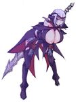  1girl artist_request breasts capcom cleavage gigginox_(armor) huge_breasts kuma_(kumakuma5) large_breasts monster_hunter monster_hunter_3 purple_eyes silver_hair simple_background solo sword weapon white_hair 