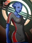  alien asari bald blue_skin breasts collarbone ed_moffat freckles highres large_breasts liara_t'soni lips lipstick makeup mass_effect n7_armor shirt solo t-shirt watermark web_address 