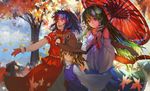  autumn autumn_leaves bare_shoulders blonde_hair closed_eyes detached_sleeves forest frog_hair_ornament green_eyes green_hair hair_ornament hair_ribbon hat highres kochiya_sanae long_hair long_sleeves mirror moriya_suwako multiple_girls nature open_mouth oriental_umbrella purple_hair ribbon scarf shirt short_over_long_sleeves short_sleeves skirt smile snake_hair_ornament touhou umbrella very_long_hair wide_sleeves yasaka_kanako yellow_eyes zrero 