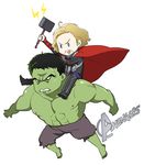  avengers bad_id bad_pixiv_id blonde_hair bruce_banner chibi hammer hulk marvel multiple_boys thor_(marvel) yasuda_(fareast_blade) 