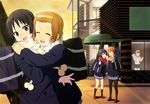  akiyama_mio anime_location bag black_eyes black_hair brown_hair closed_eyes employee_uniform fast_food_uniform hairband hirasawa_yui hug k-on! kotobuki_tsumugi long_hair multiple_girls nakano_azusa pantyhose polo_shirt sakuragaoka_high_school_uniform scarf school_uniform short_hair tainaka_ritsu uniform visor_cap yuri yurijoshi zasshu_tamashii 