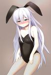  animal_ears bad_id bad_pixiv_id bare_arms blue_eyes bunny_ears bunnysuit fishnet_pantyhose fishnets hands_on_thighs hibiki_(kantai_collection) kantai_collection long_hair pantyhose reitsuki_kazuma silver_hair solo 