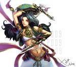  2009 arm_blade arm_up bandeau bangle black_hair bracelet breasts brown_eyes chiam_harkem fingerless_gloves gloves headdress jewelry medium_breasts midriff mismatched_gloves navel smile solo soulcalibur talim tonfa twintails vest weapon 