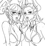 blush breasts castanic_(tera) cleavage eu03 greyscale horns large_breasts long_hair looking_at_viewer monochrome multiple_girls open_mouth pointy_ears short_hair sketch tera_online tongue tongue_out 