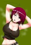  armpits arms_behind_head belt breasts brown_eyes brown_hair choker cleavage crop_top crop_top_overhang earrings exercise highres jewelry large_breasts midriff navel okyou open_mouth shirt smell solo sweat tank_top taut_clothes taut_shirt the_king_of_fighters whip_(kof) 