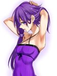  1girl armpits black_ribbon breasts collar from_side hair_ornament halterneck hand_on_head long_hair looking_at_viewer purple_eyes purple_hair purple_shirt rei_no_himo ribbon shiny shiny_hair shirt simple_background sleeveless sleeveless_shirt sleeves small_breasts solo twintails tying_hair upper_body very_long_hair voiceroid white_background yodare_(3yami8) yuzuki_yukari 