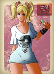  blonde_hair blue_eyes breasts cameo candy cleavage contrapposto ed_moffat food highres juliet_starling lips lollipop lollipop_chainsaw long_hair medium_breasts plants_vs_zombies scrunchie shirt solo standing t-shirt twintails watermark web_address wristband zombie_(plants_vs_zombies) 