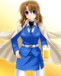  alcohol beer beer_mug blue_eyes blush brown_hair cup drunk engo_(aquawatery) hair_ornament hair_ribbon hairclip hand_on_hip highres holding holding_cup jacket_on_shoulders looking_at_viewer lyrical_nanoha mahou_senki_lyrical_nanoha_force military military_uniform necktie pantyhose ribbon short_hair skirt smile solo tress_ribbon tsab_naval_military_uniform uniform x_hair_ornament yagami_hayate 