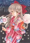  acrylic_paint_(medium) blush bow brown_eyes brown_hair cotton_candy fan fireworks floral_print hair_bow hair_tubes hakurei_reimu highres holding japanese_clothes kimono long_hair long_sleeves looking_at_viewer night night_sky obi open_mouth paper_fan pom77 red_kimono sash sky solo standing touhou traditional_media uchiwa wide_sleeves yukata 