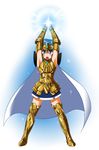  aquarius aquarius_camus armor armpits arms_up blue_eyes blue_hair cape commentary gauntlets gold_armor gold_saint greaves highres kouga_(hipporit) mahou_shoujo_madoka_magica miki_sayaka parody saint_seiya short_hair solo soul_gem 