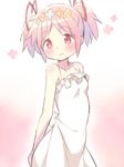  blush dress hair_ribbon head_wreath kaname_madoka mahou_shoujo_madoka_magica moke_(rotary) pink_eyes pink_hair ribbon short_hair smile solo sundress twintails white_dress 