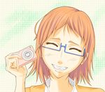  akemi_mikan camera closed_eyes facing_viewer glasses grin jitsu_wa_watashi_wa orange_hair parted_lips portrait semi-rimless_eyewear smile solo vela 