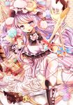  boots bow candy cookie crescent dress food food_on_face fork hat heart heart-shaped_pupils ice_cream_cone in_bowl in_container knife leg_ribbon lollipop long_hair mob_cap patchouli_knowledge purple_dress purple_eyes purple_hair ribbon sitting solo striped striped_dress symbol-shaped_pupils touhou ukita_uuko very_long_hair 