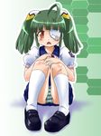  ahoge eyepatch gobera green_hair highres orange_eyes otomedius panties pantyshot school_uniform short_hair solo tita_nium twintails underwear 