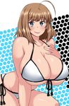  ahoge bare_legs bare_shoulders bikini blue_eyes blush breasts brown_hair earrings front-tie_bikini front-tie_top gigantic_breasts hand_on_own_chest huge_breasts jewelry jpeg_artifacts komusou_(jinrikisha) ooba_minori original short_hair simple_background smile solo swimsuit white_bikini 