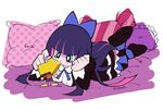  arm_support blue_eyes bow directional_arrow dress hair_bow long_hair lying multicolored_hair official_style panty_&amp;_stocking_with_garterbelt pillow solo stocking_(psg) striped striped_legwear thighhighs two-tone_hair walrus-ruin 